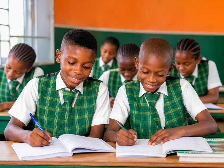Pupils in school uniform writing in their exercise books