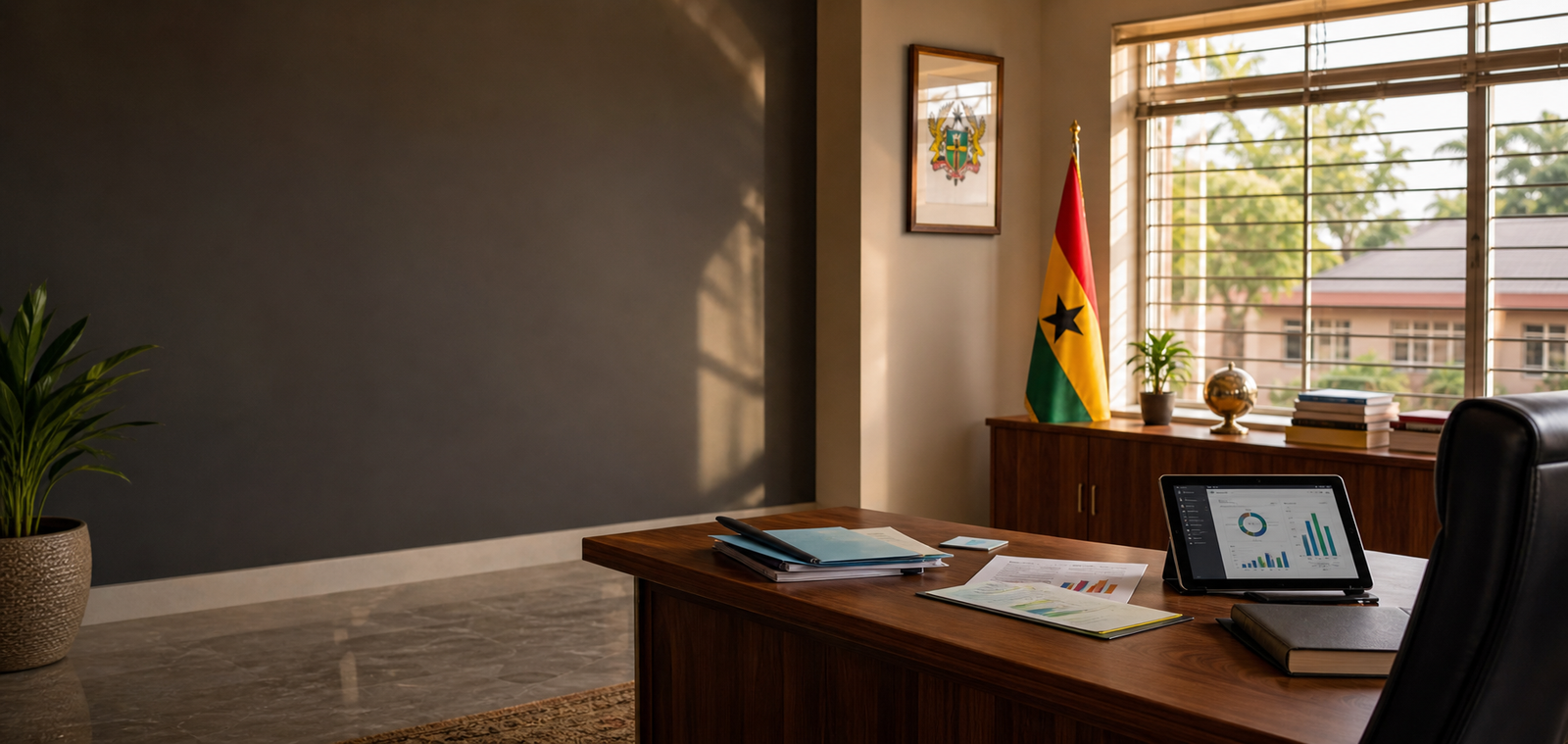 A Ghanaian school administration office with the national flag